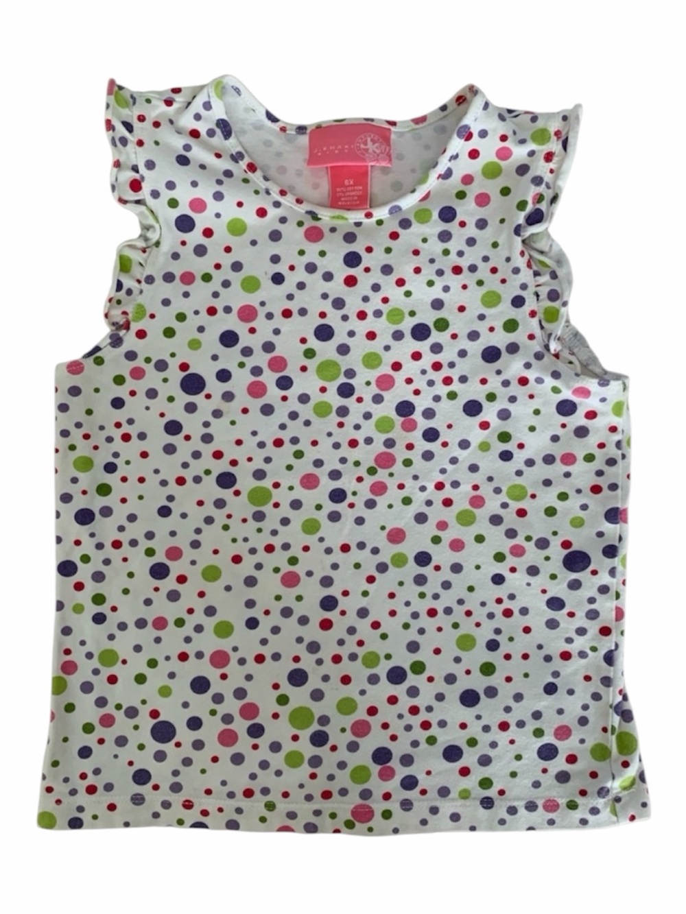J. Khaki Tank Top Girl Size 6X White Pink Ruffle Shirt Polka Dots Flutter Sleeve